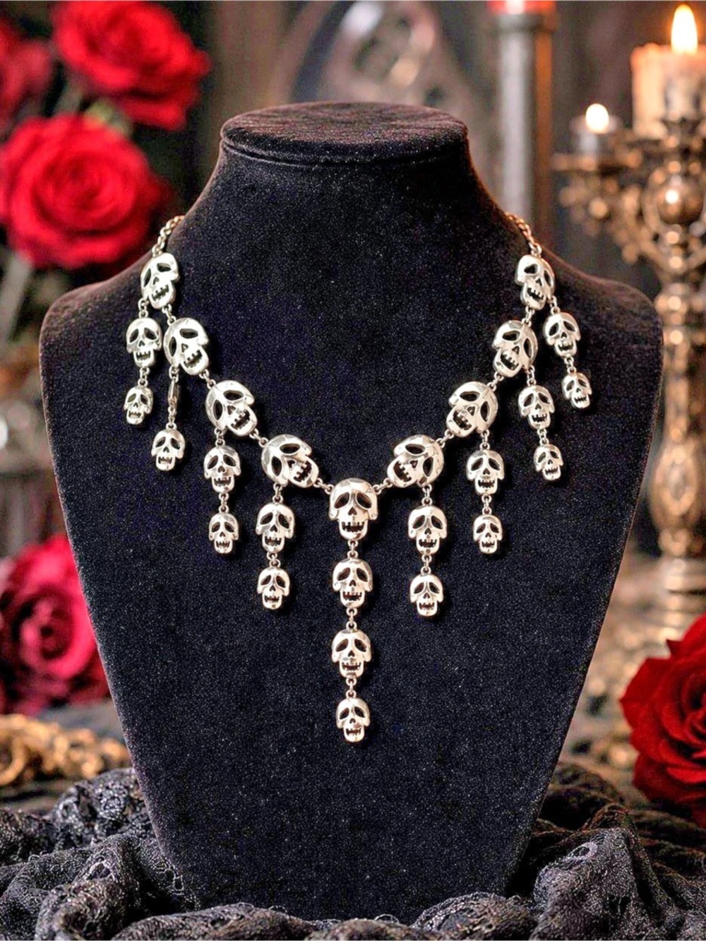 Gothic Alt Silver Skull Charm Statement Necklace